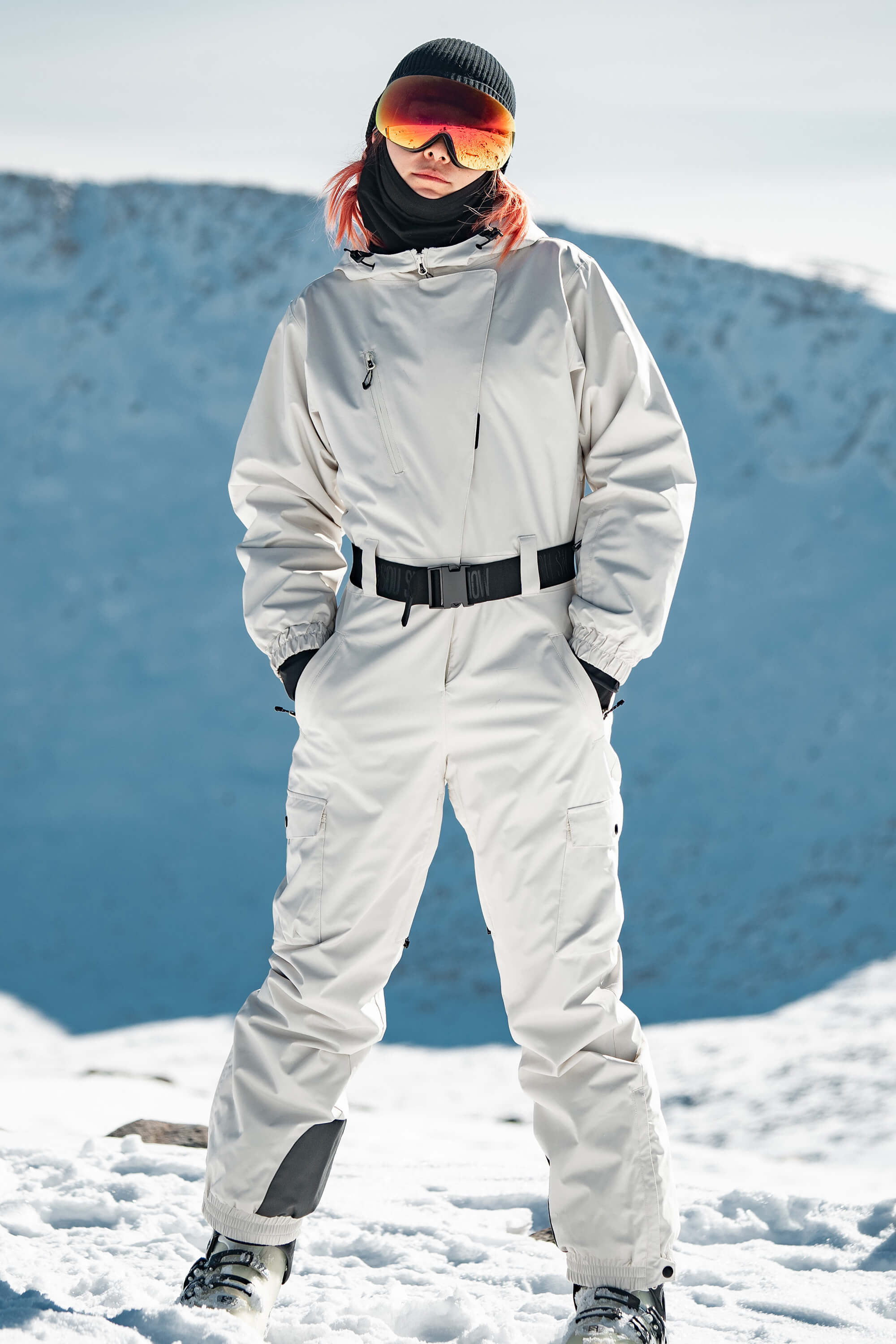 Women's Off White Asymmetric Belted Insulated Waterproof One-Piece Ski Suit Snowboard Suit Main image