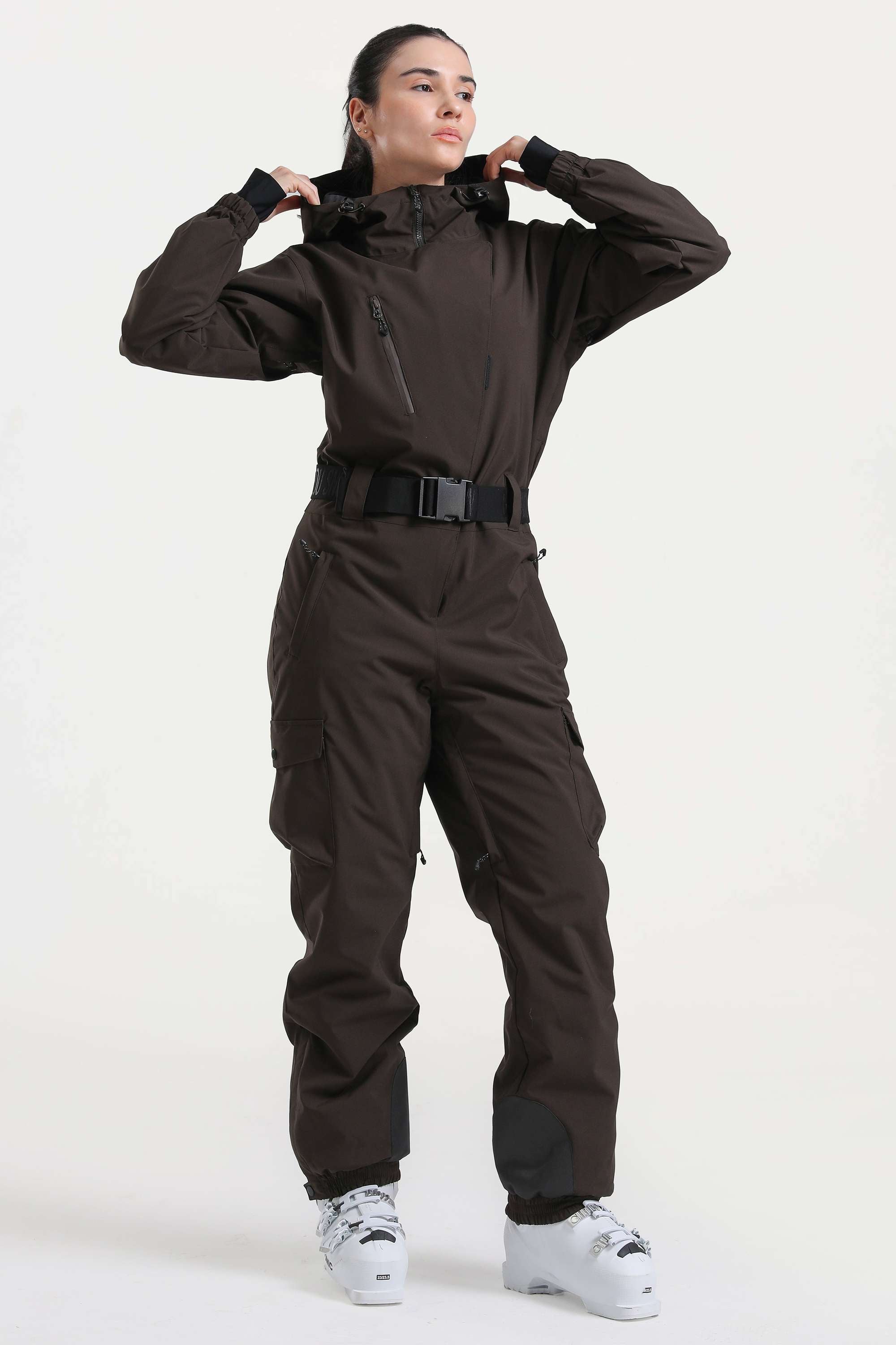 Women's Brown Asymmetric Belted Insulated Waterproof One-Piece Ski Suit Snowboard Suit Main image