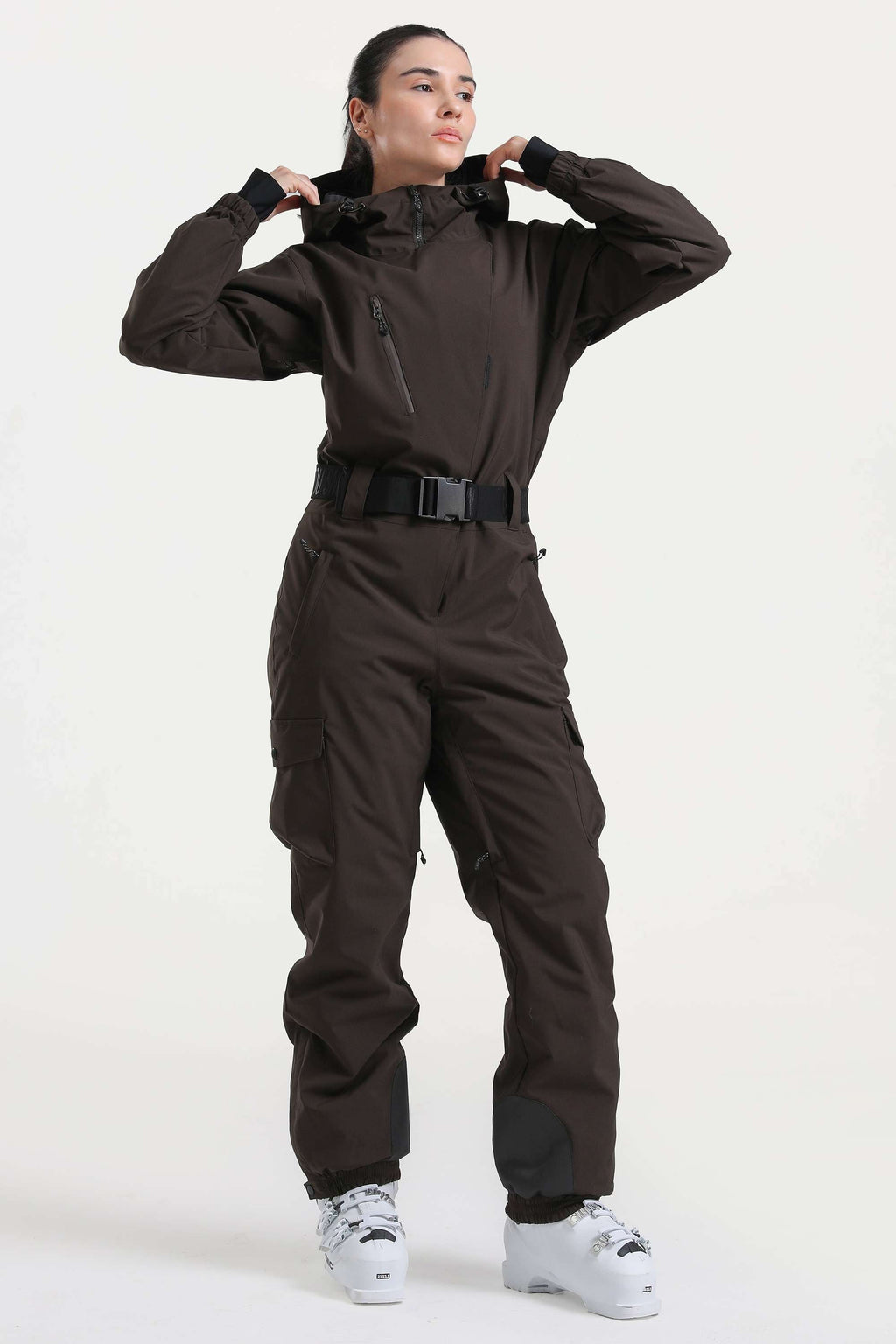 Women's Brown Asymmetric Belted Insulated Waterproof One-Piece Ski Suit Snowboard Suit