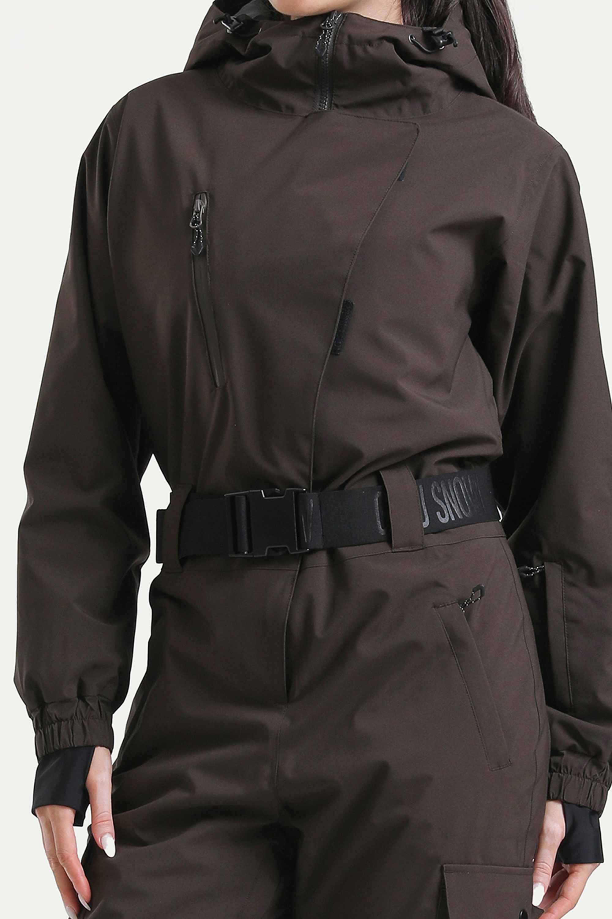 Women's Brown Asymmetric Belted Insulated Waterproof One-Piece Ski Suit Snowboard Suit Secondary image