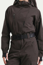 Women's Brown Asymmetric Belted Insulated Waterproof One-Piece Ski Suit Snowboard Suit