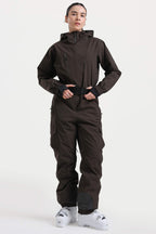 Women's Brown Asymmetric Belted Insulated Waterproof One-Piece Ski Suit Snowboard Suit