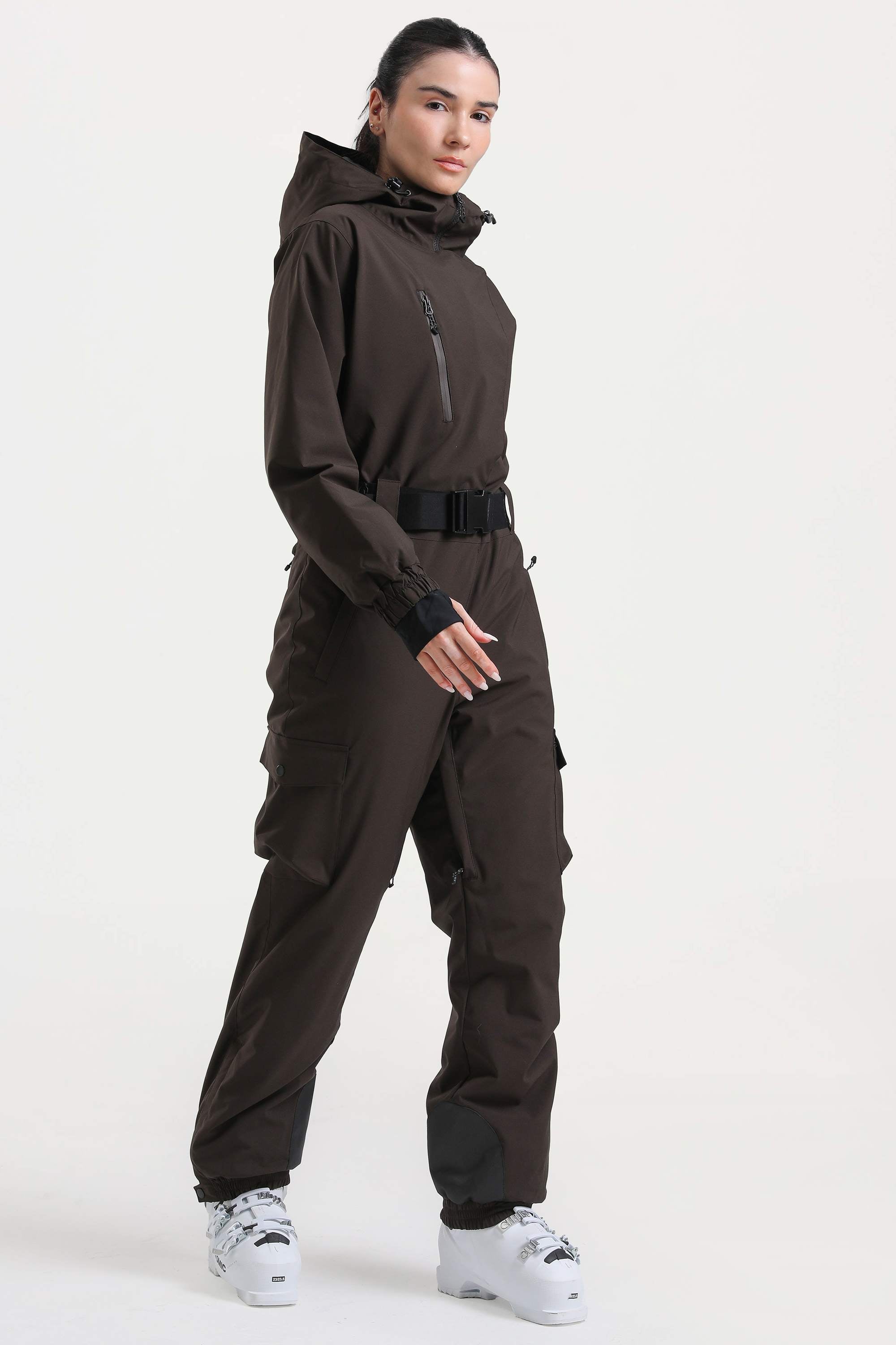 Women's Army Green Asymmetric Belted Insulated Waterproof One-Piece Ski Suit Snowboard Suit