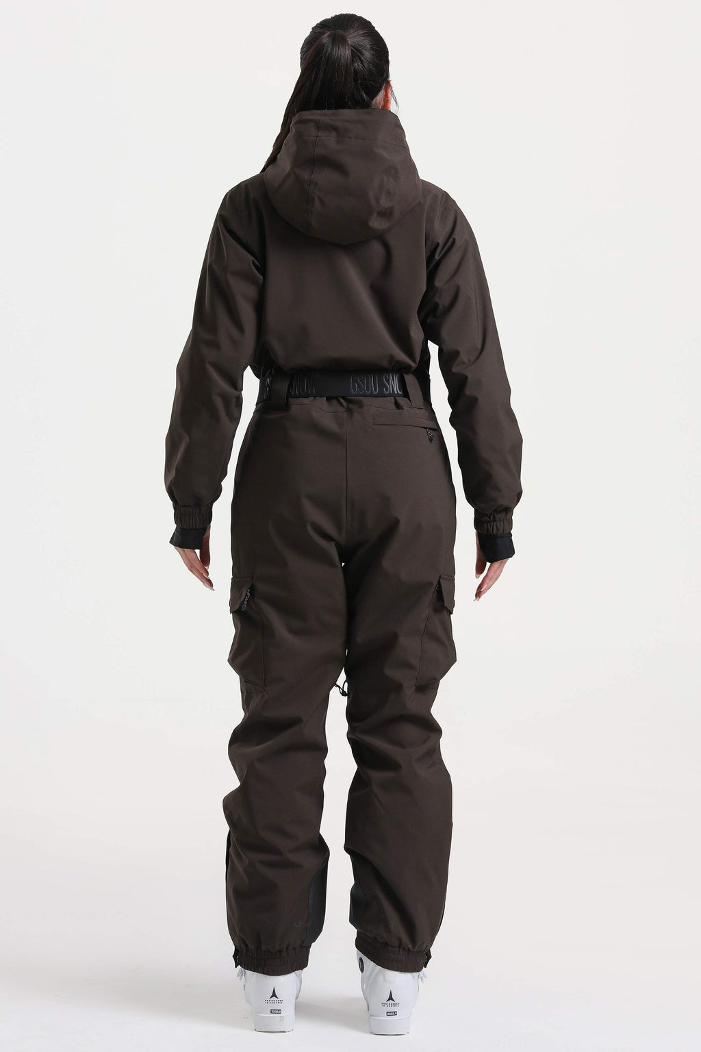 Women's Brown Asymmetric Belted Insulated Waterproof One-Piece Ski Suit Snowboard Suit