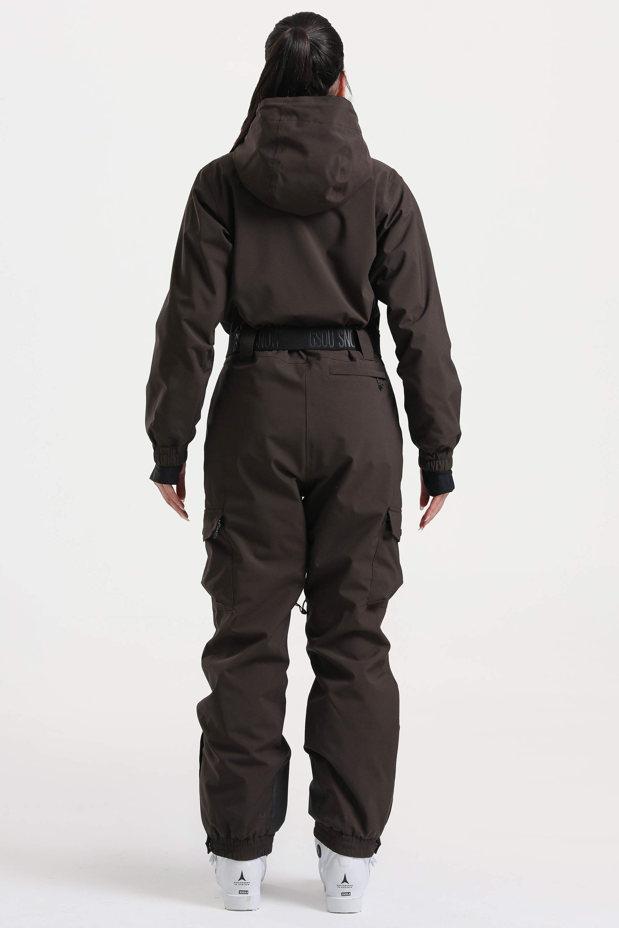 Women's Brown Asymmetric Belted Insulated Waterproof One-Piece Ski Suit Snowboard Suit