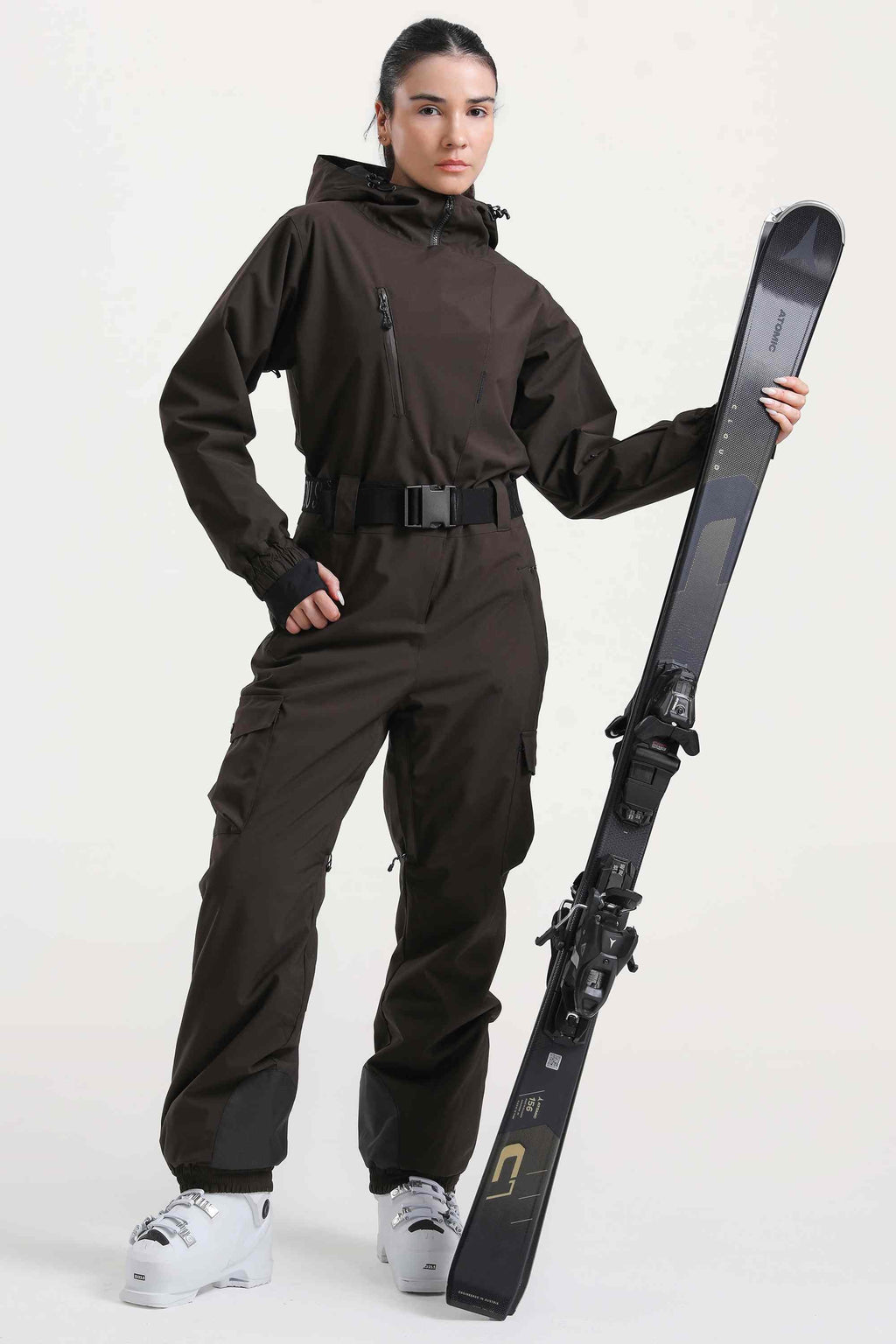 Women's Red Asymmetric Belted Insulated Waterproof One-Piece Ski Suit Snowboard Suit