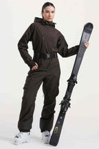 Women's Red Asymmetric Belted Insulated Waterproof One-Piece Ski Suit Snowboard Suit