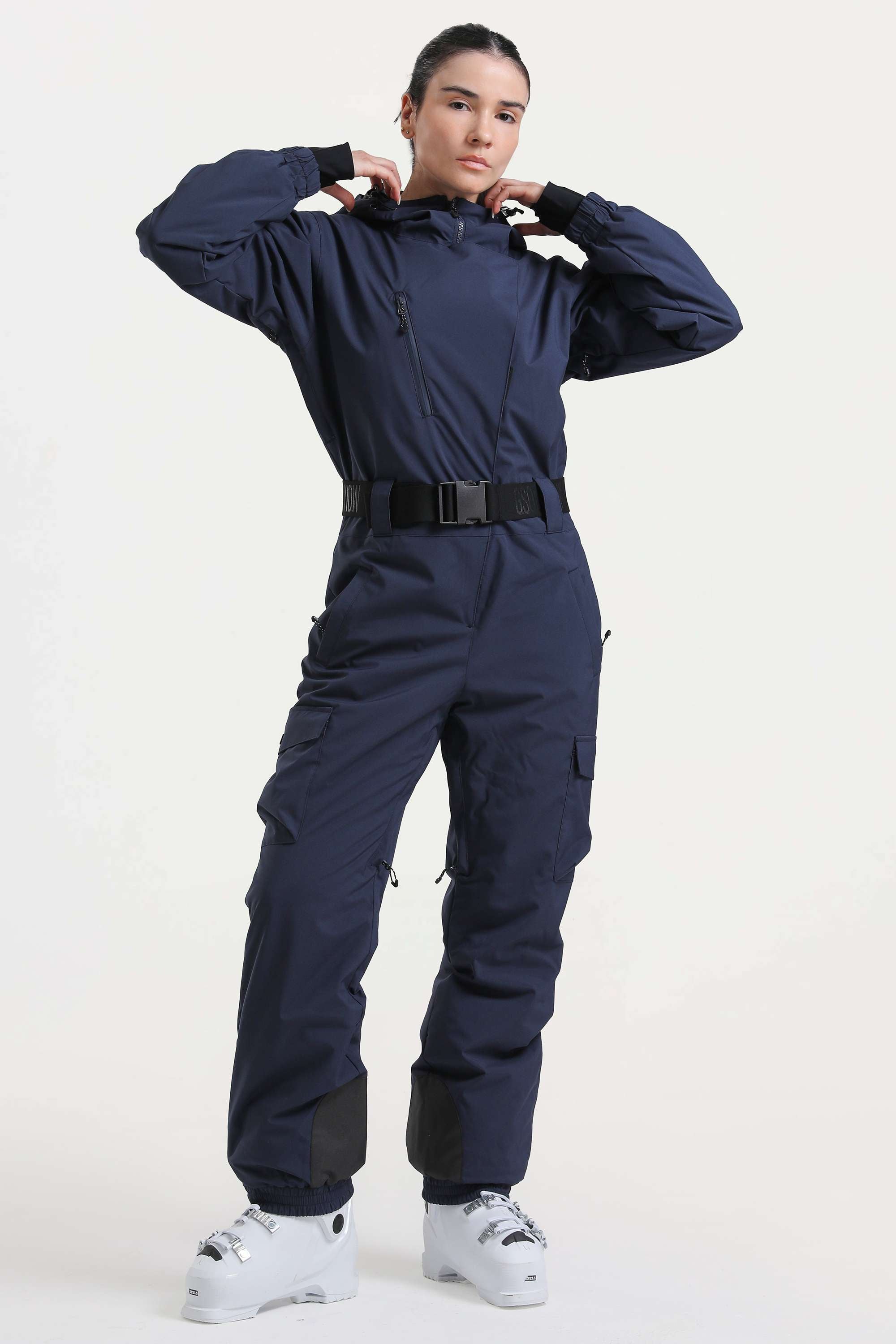 Women's Navy Asymmetric Belted Insulated Waterproof One-Piece Ski Suit Snowboard Suit Main image