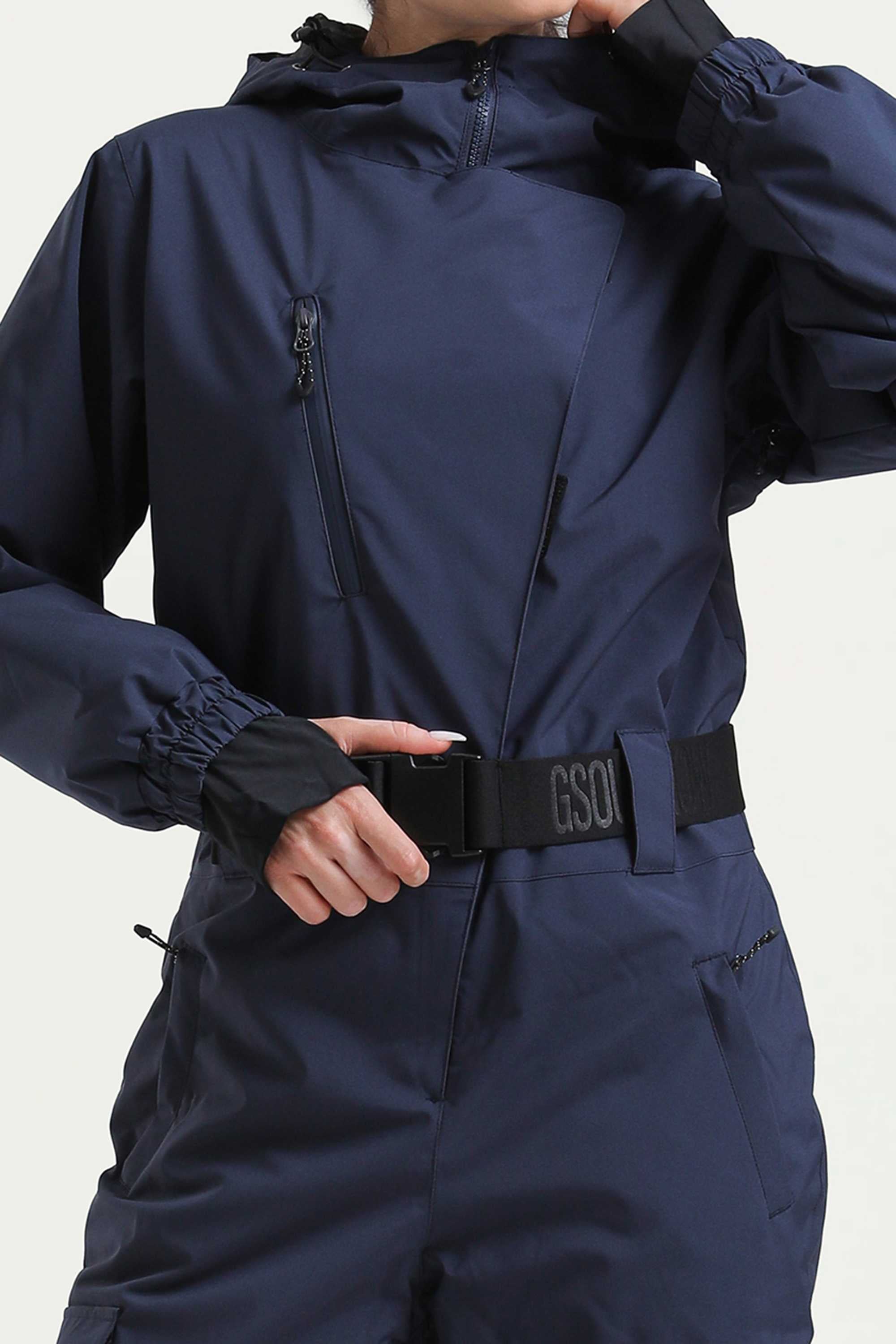 Women's Navy Asymmetric Belted Insulated Waterproof One-Piece Ski Suit Snowboard Suit Secondary image