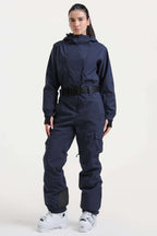 Women's Navy Asymmetric Belted Insulated Waterproof One-Piece Ski Suit Snowboard Suit