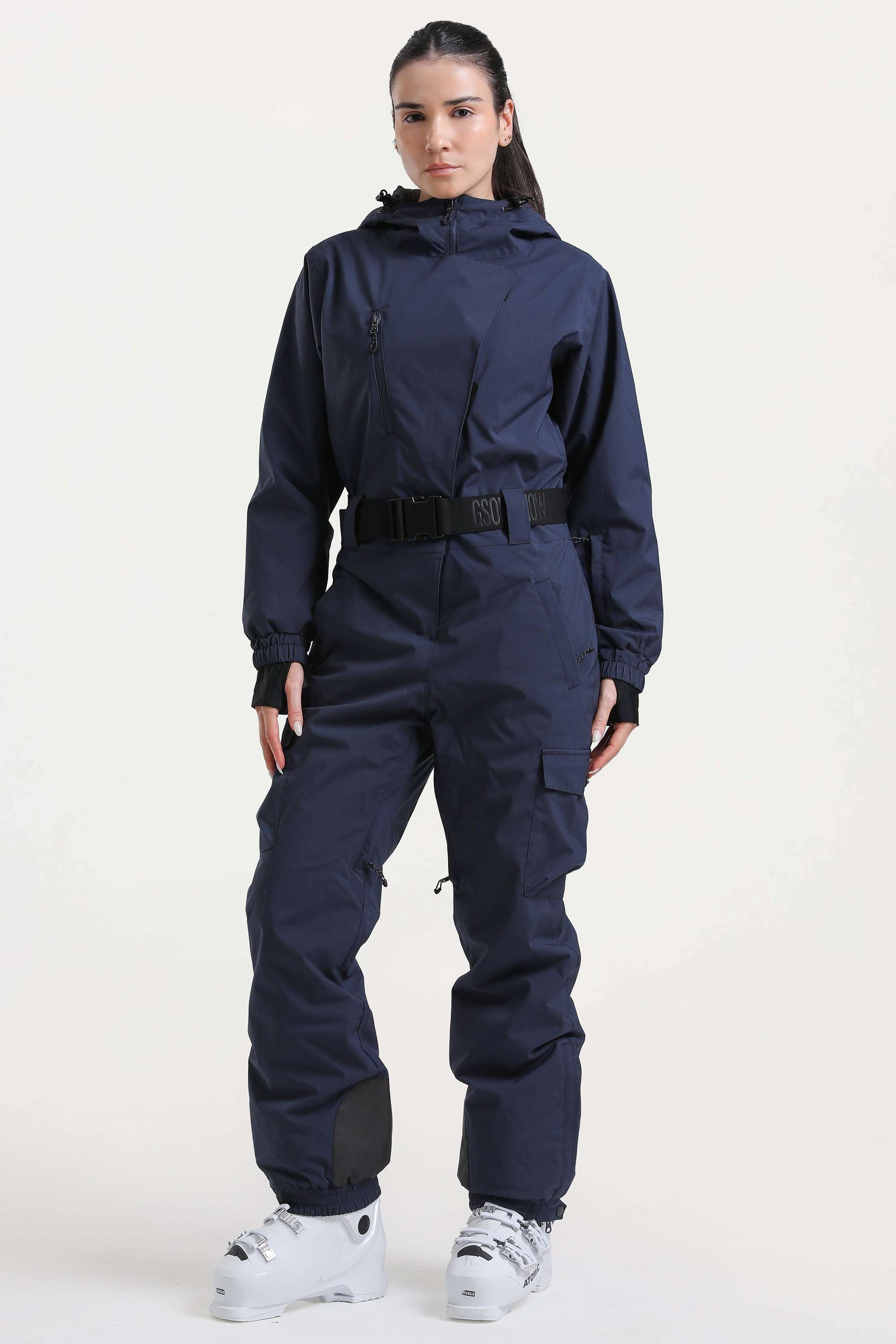 Women's Navy Asymmetric Belted Insulated Waterproof One-Piece Ski Suit Snowboard Suit