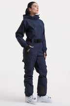 Women's Navy Asymmetric Belted Insulated Waterproof One-Piece Ski Suit Snowboard Suit