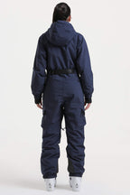 Women's Navy Asymmetric Belted Insulated Waterproof One-Piece Ski Suit Snowboard Suit