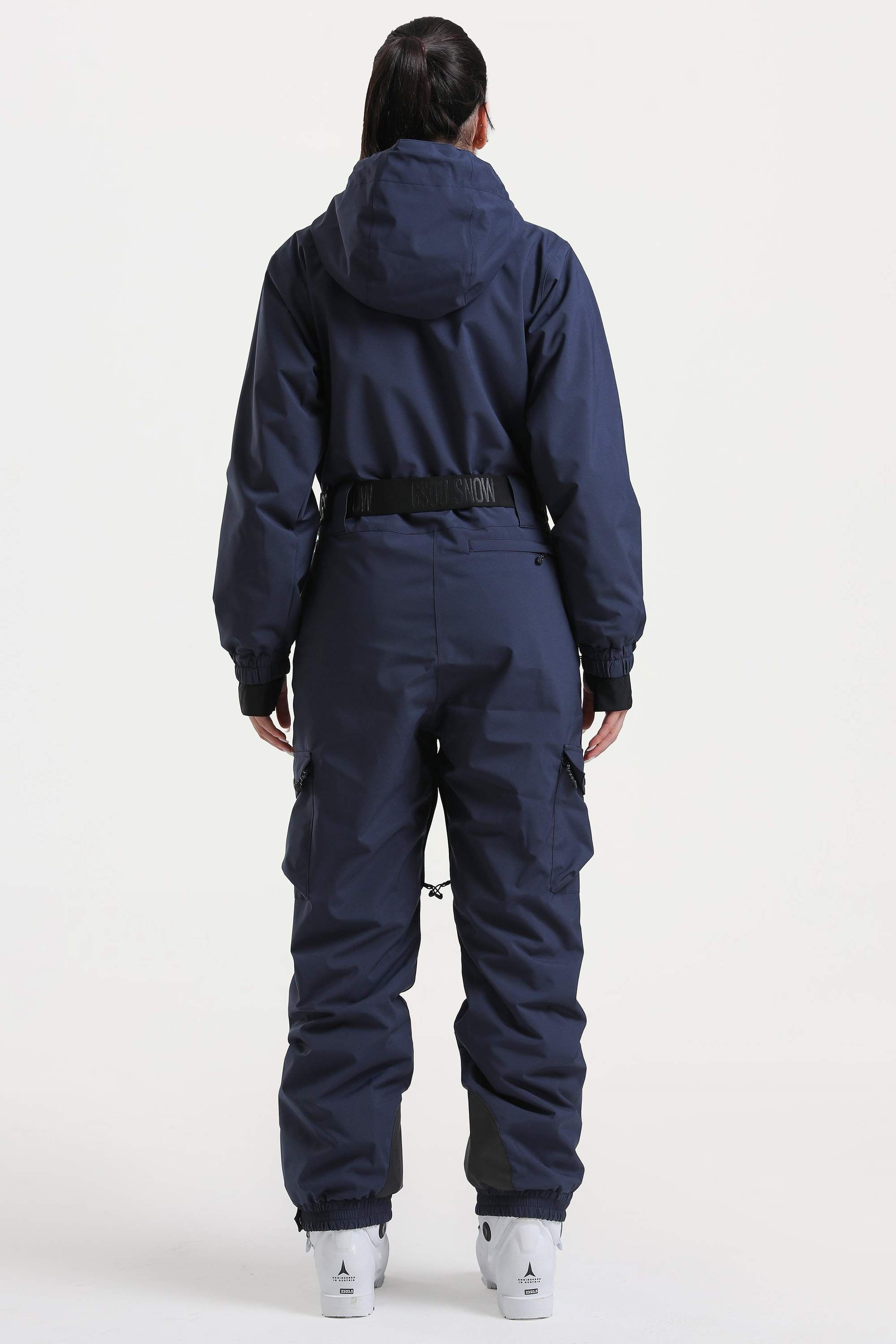 Women's Navy Asymmetric Belted Insulated Waterproof One-Piece Ski Suit Snowboard Suit