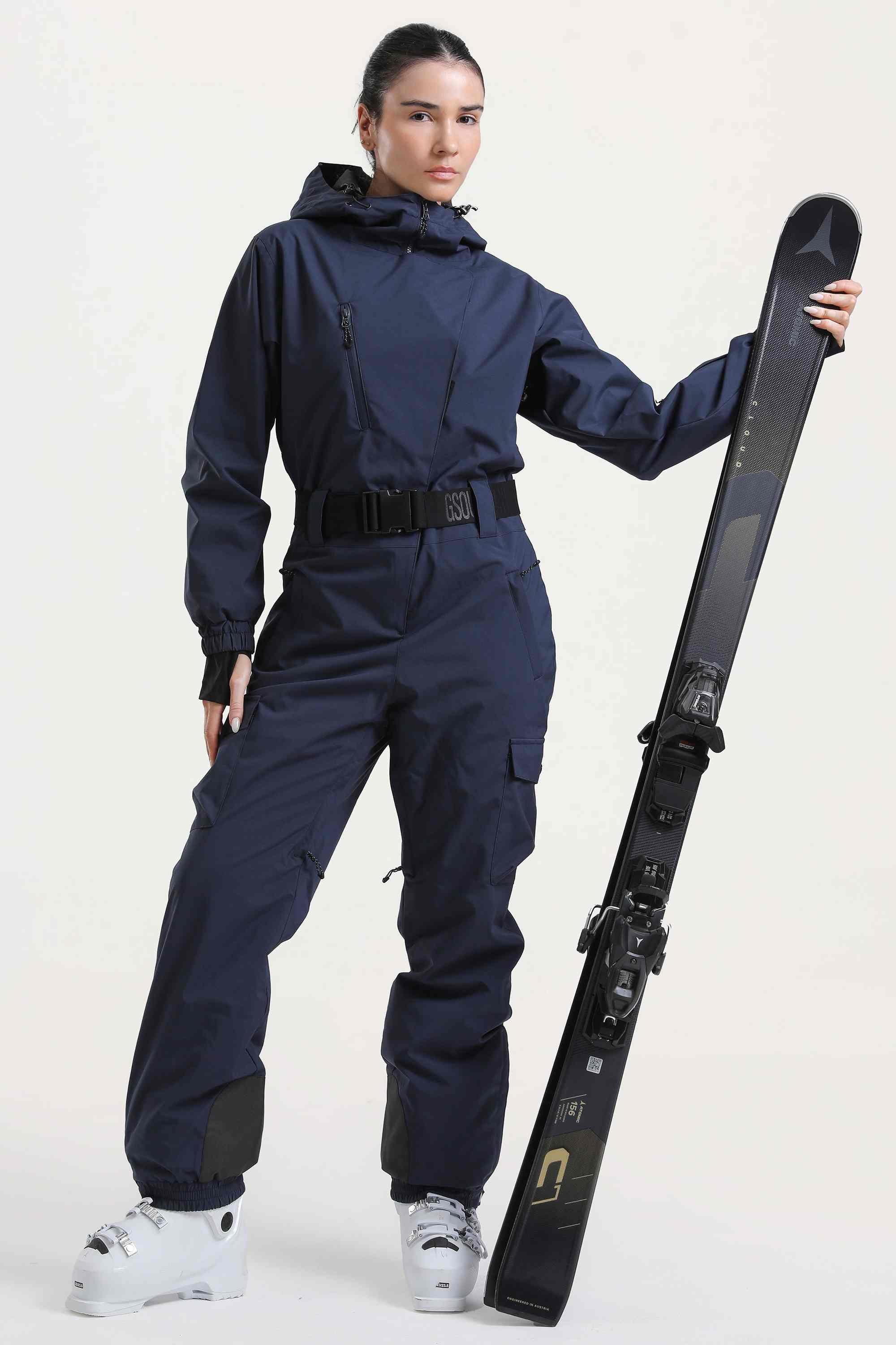 Women's Red Asymmetric Belted Insulated Waterproof One-Piece Ski Suit Snowboard Suit
