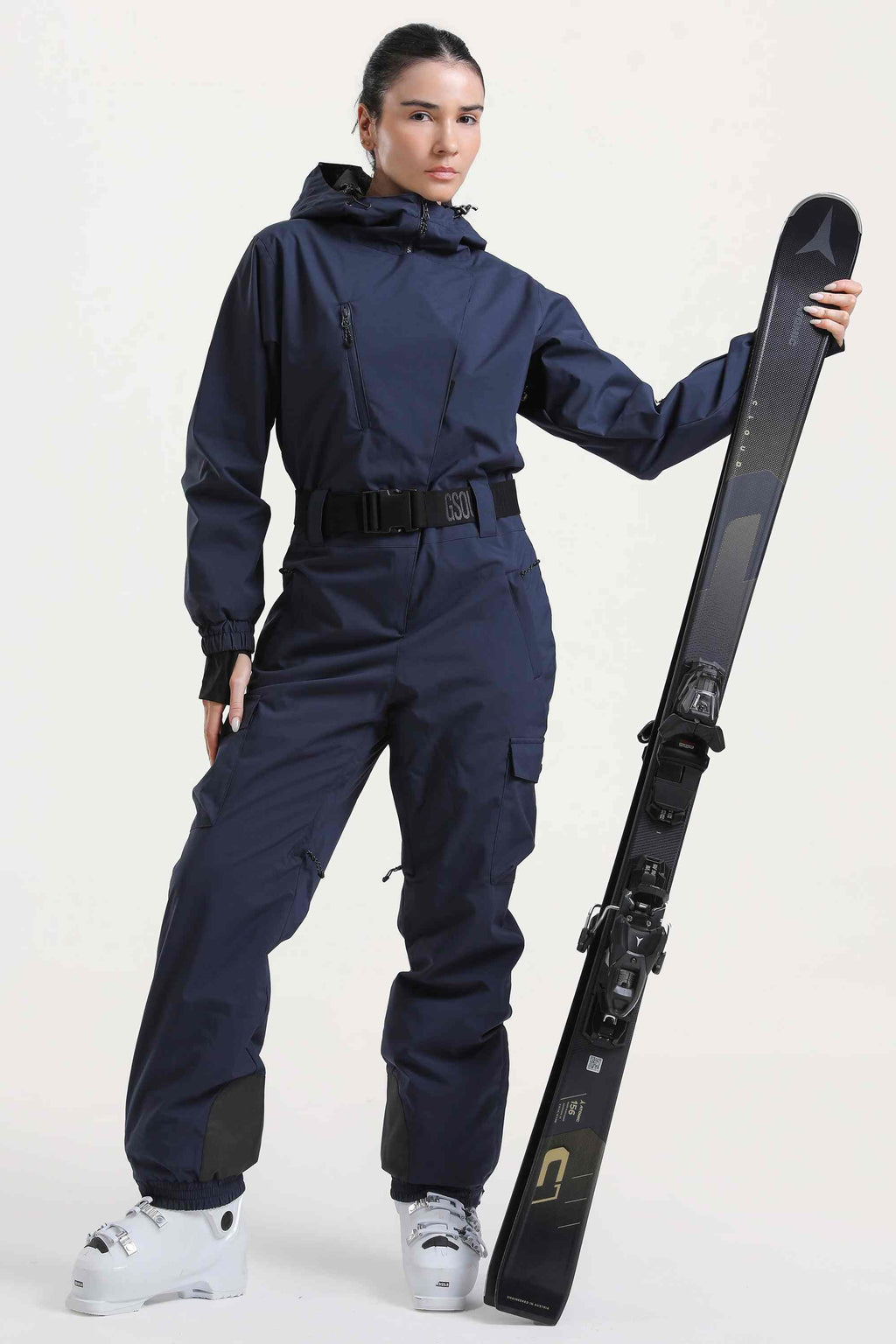 Women's Brown Asymmetric Belted Insulated Waterproof One-Piece Ski Suit Snowboard Suit