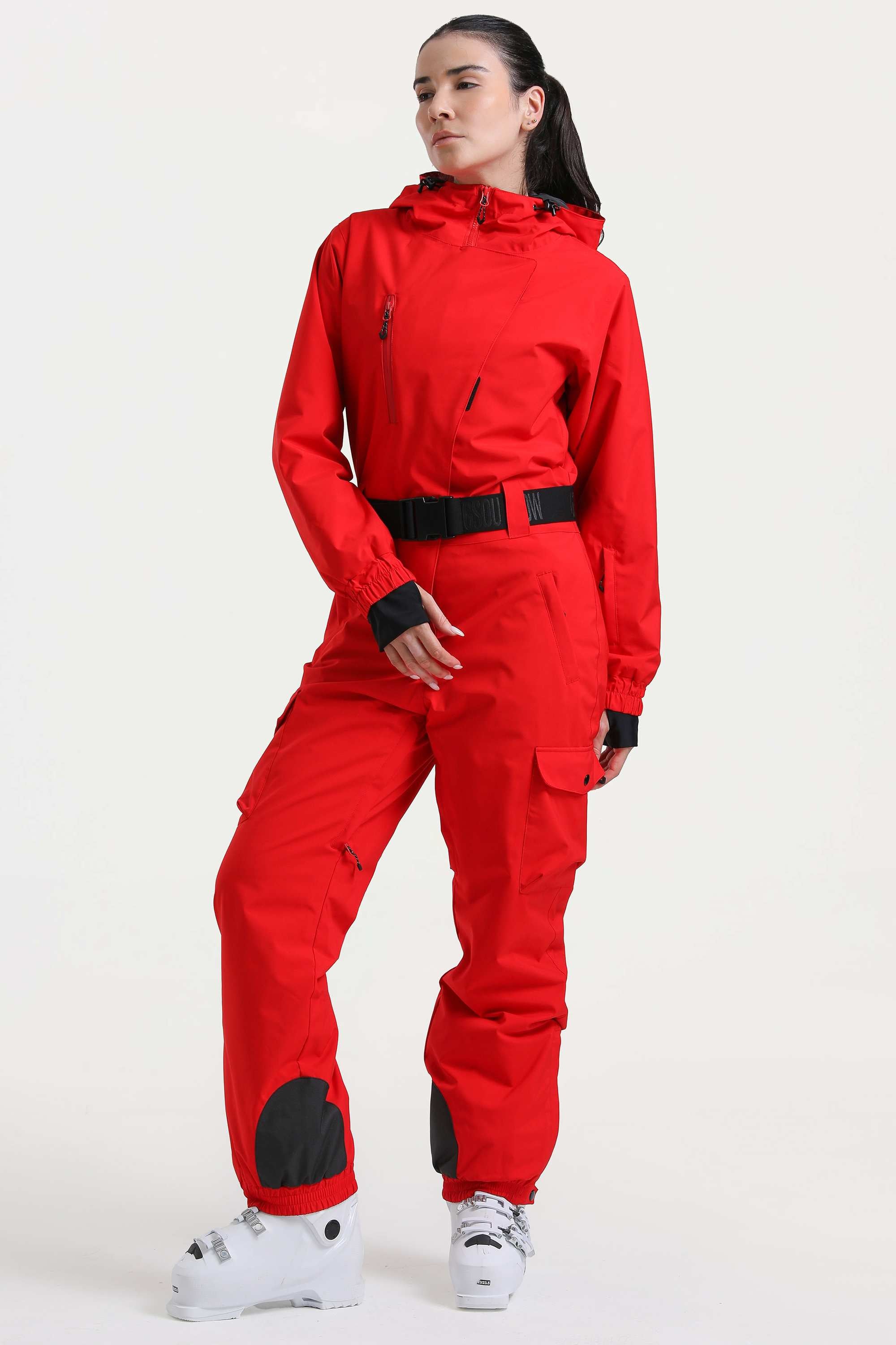 Women's Red Asymmetric Belted Insulated Waterproof One-Piece Ski Suit Snowboard Suit Main image