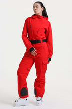 Women's Red Asymmetric Belted Insulated Waterproof One-Piece Ski Suit Snowboard Suit