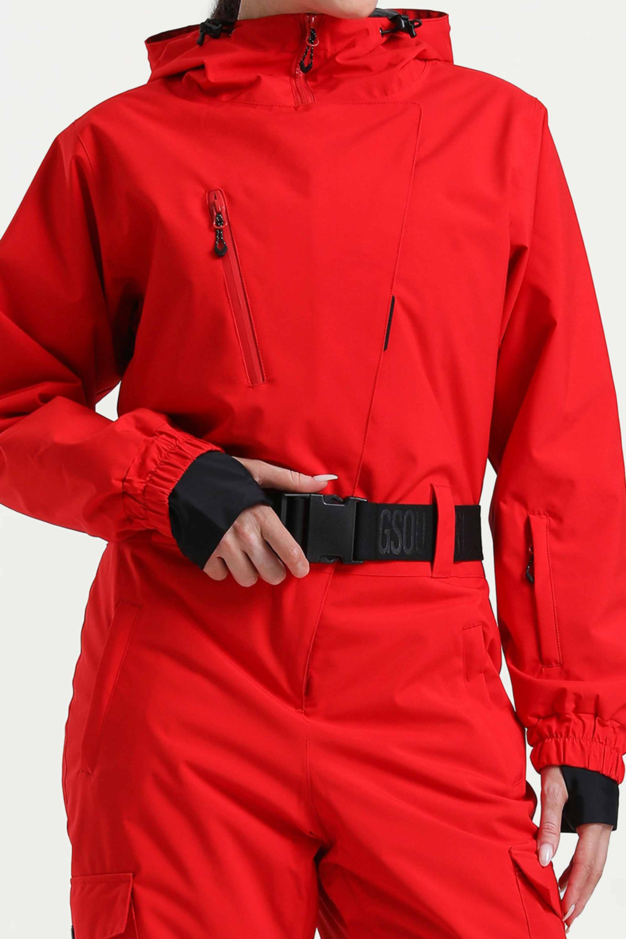 Women's Red Asymmetric Belted Insulated Waterproof One-Piece Ski Suit Snowboard Suit Secondary image