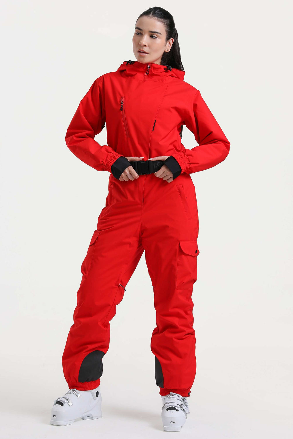 Women's Red Asymmetric Belted Insulated Waterproof One-Piece Ski Suit Snowboard Suit
