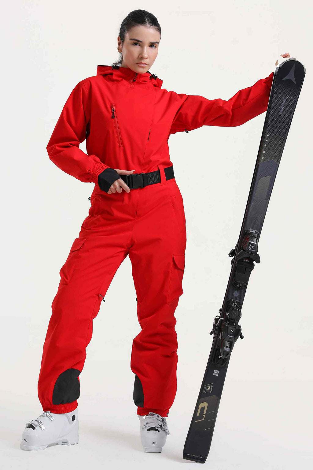 Women's Red Asymmetric Belted Insulated Waterproof One-Piece Ski Suit Snowboard Suit