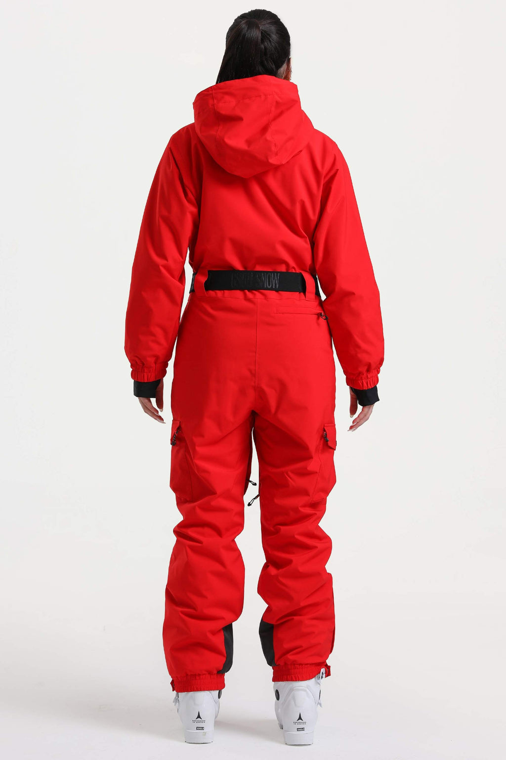Women's Red Asymmetric Belted Insulated Waterproof One-Piece Ski Suit Snowboard Suit