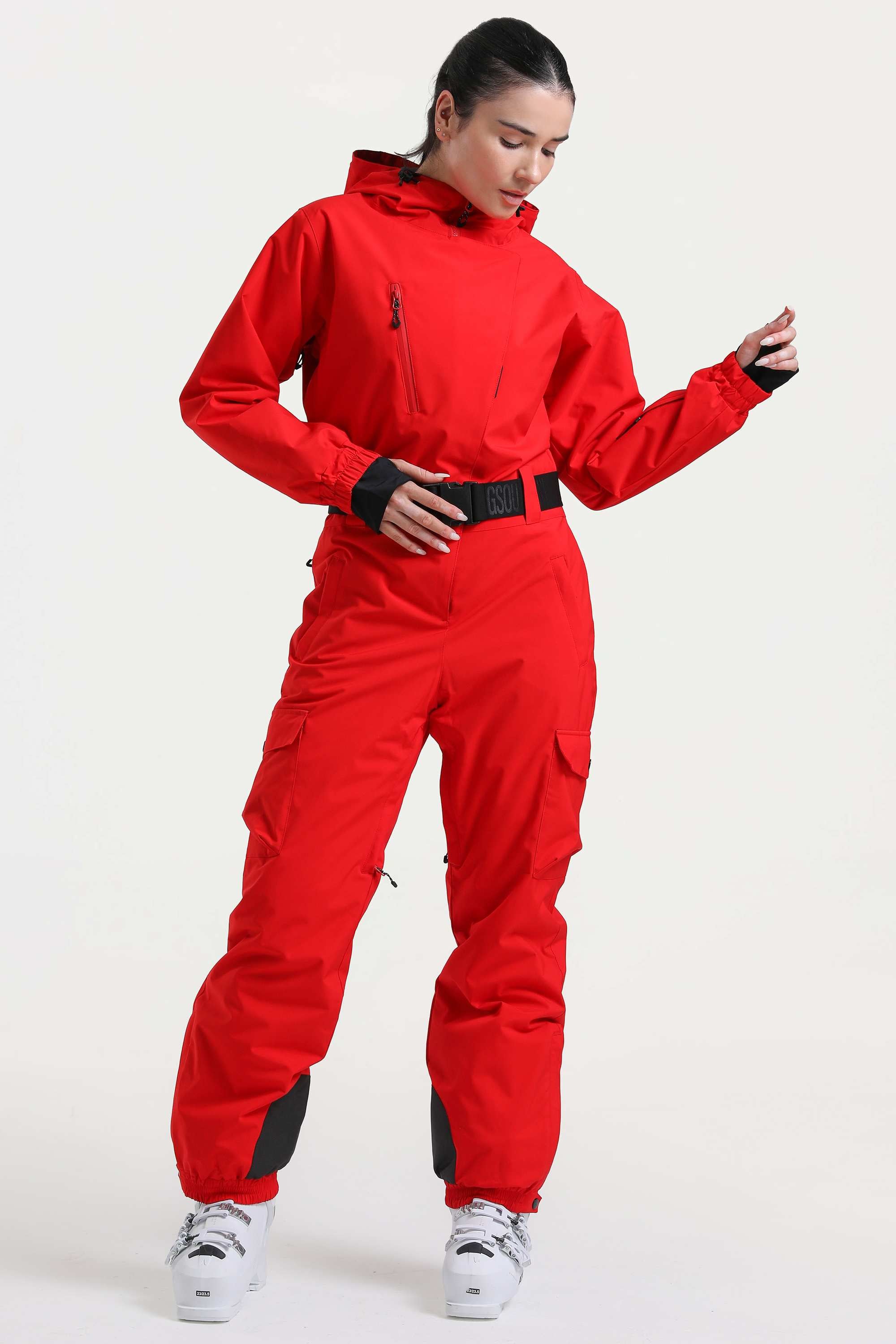 Women's Red Asymmetric Belted Insulated Waterproof One-Piece Ski Suit Snowboard Suit
