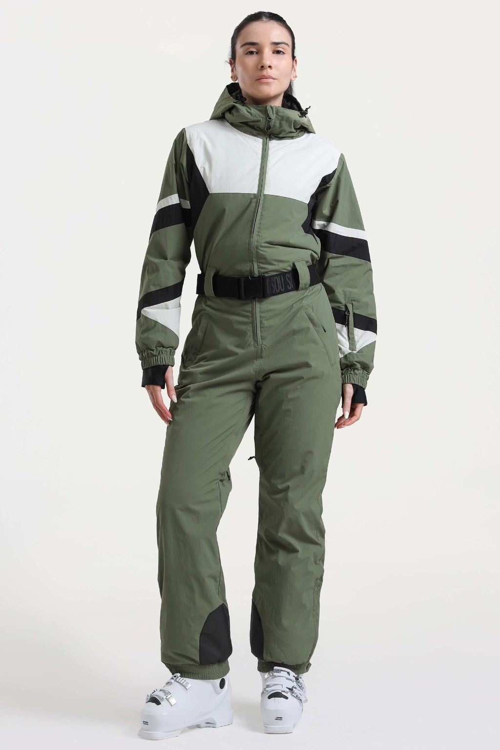Women's Army Green Insulated Color-Block Multi-Pocket Utility One-Piece Ski Suit Snowboard Suit