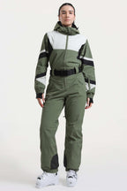 Women's Army Green Insulated Color-Block Multi-Pocket Utility One-Piece Ski Suit Snowboard Suit