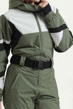 Women's Army Green Insulated Color-Block Multi-Pocket Utility One-Piece Ski Suit Snowboard Suit