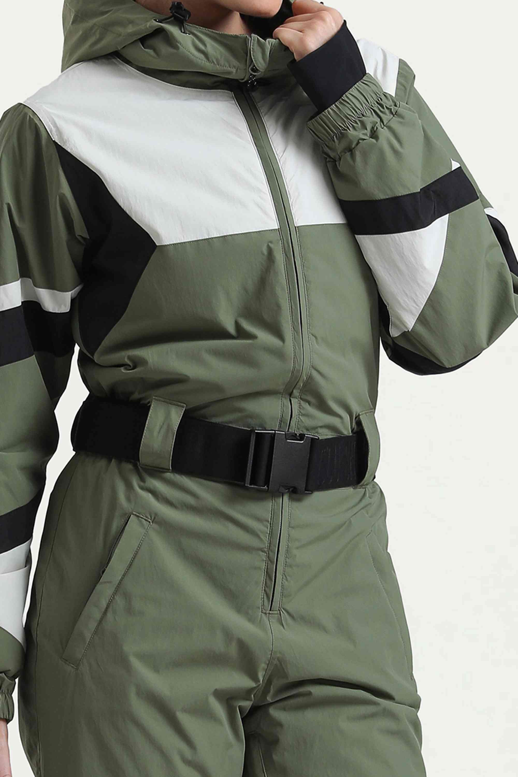 Women's Army Green Insulated Color-Block Multi-Pocket Utility One-Piece Ski Suit Snowboard Suit