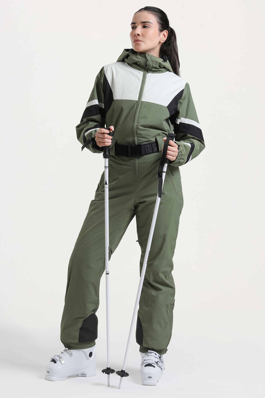 Women's Red Insulated Color-Block Multi-Pocket Utility One-Piece Ski Suit Snowboard Suit