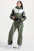 Women's Red Insulated Color-Block Multi-Pocket Utility One-Piece Ski Suit Snowboard Suit