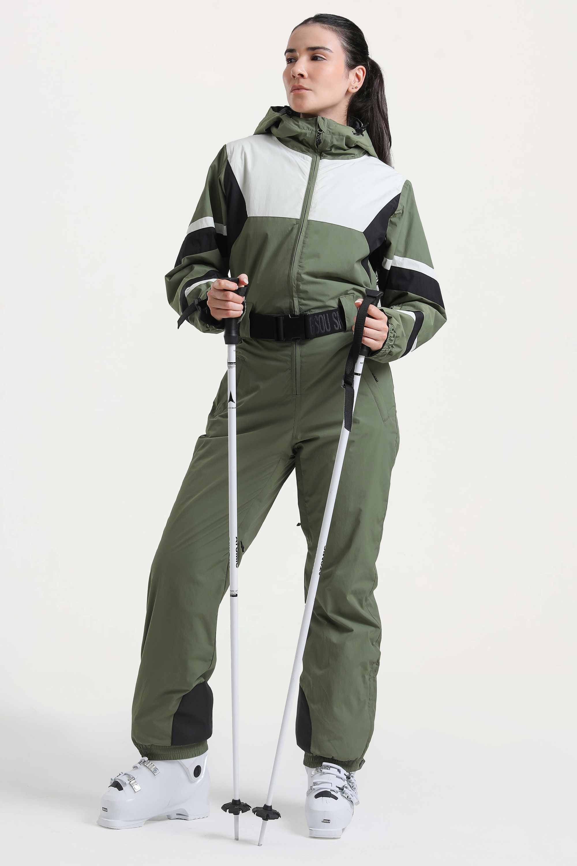 Women's Army Green Insulated Color-Block Multi-Pocket Utility One-Piece Ski Suit Snowboard Suit