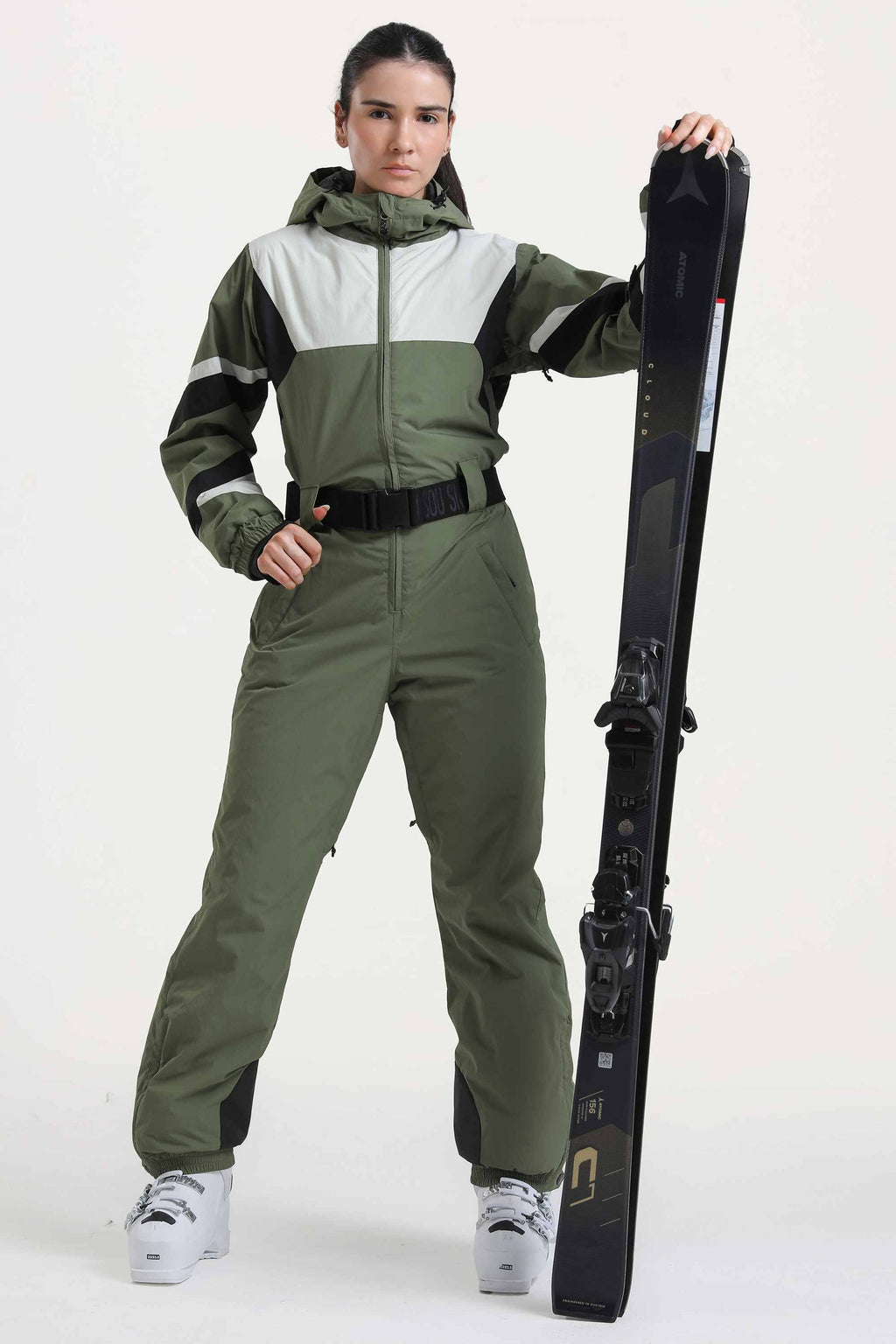 Women's Army Green Insulated Color-Block Multi-Pocket Utility One-Piece Ski Suit Snowboard Suit