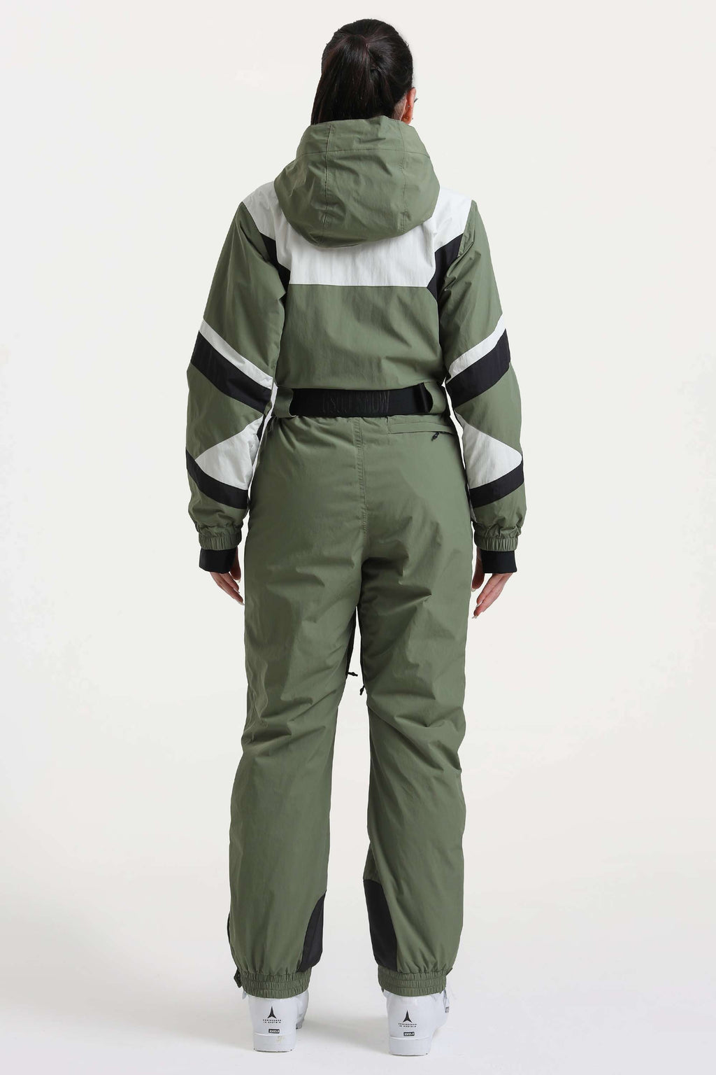 Women's Army Green Insulated Color-Block Multi-Pocket Utility One-Piece Ski Suit Snowboard Suit