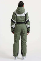 Women's Army Green Insulated Color-Block Multi-Pocket Utility One-Piece Ski Suit Snowboard Suit