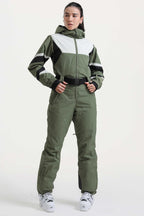 Women's Army Green Insulated Color-Block Multi-Pocket Utility One-Piece Ski Suit Snowboard Suit