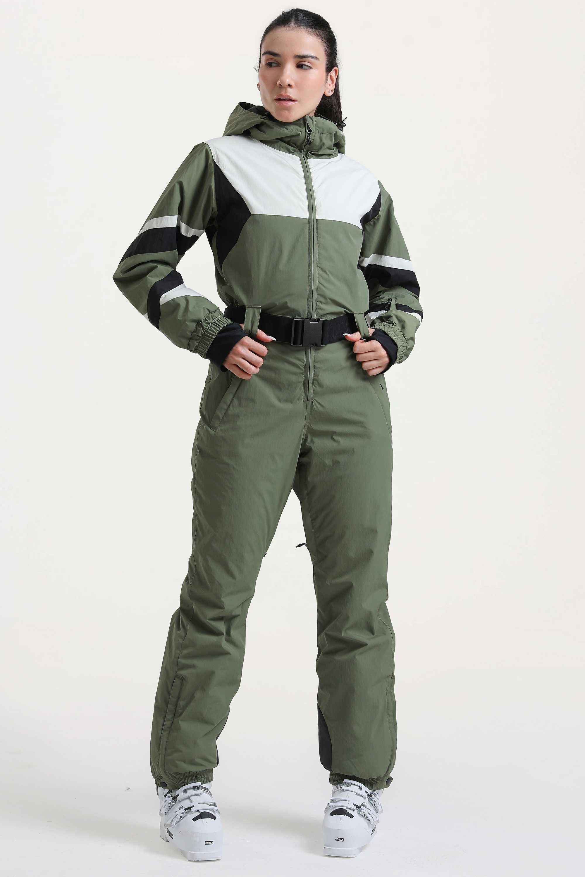 Women's Red Insulated Color-Block Multi-Pocket Utility One-Piece Ski Suit Snowboard Suit