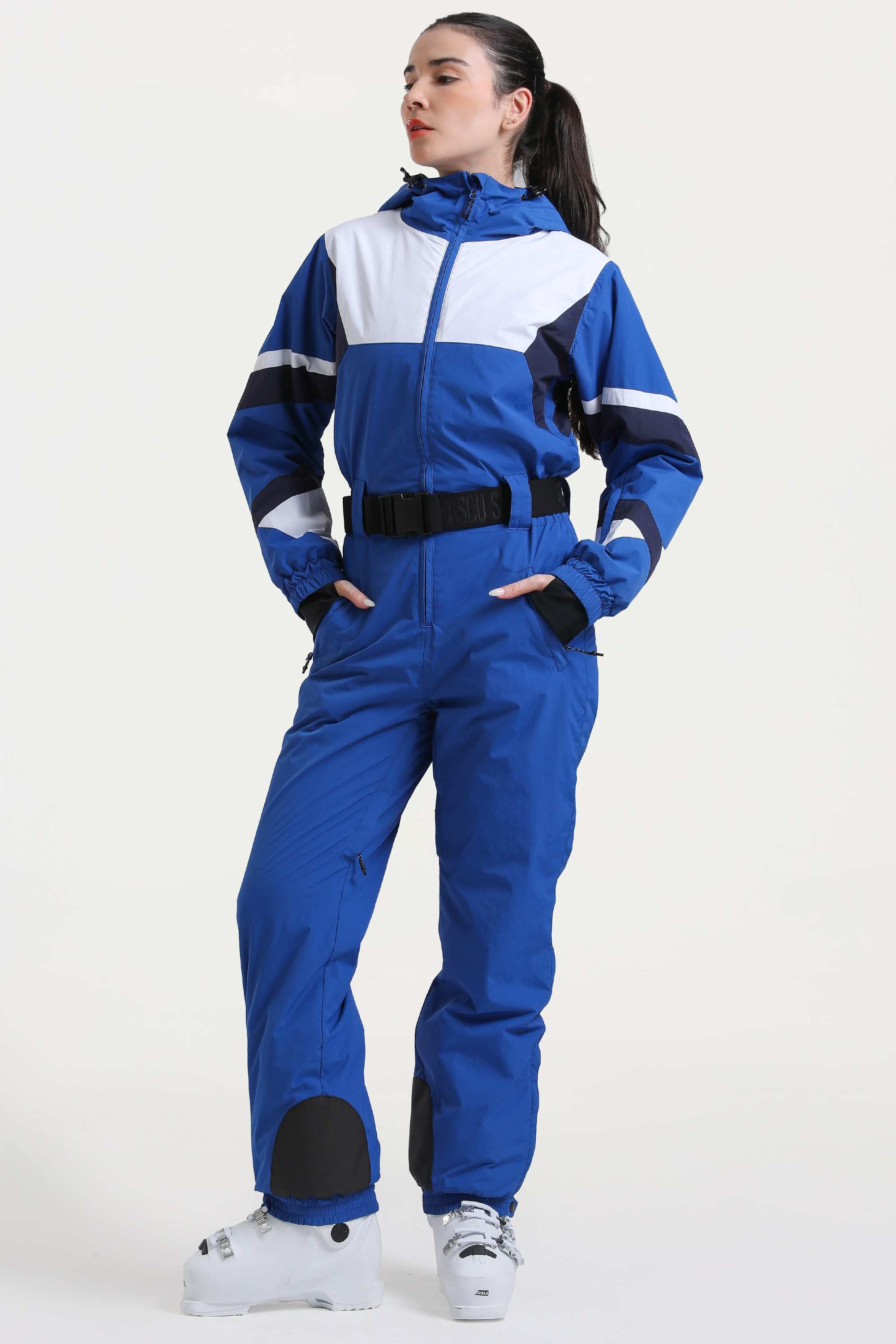 Women's Blue Insulated Color-Block Multi-Pocket Utility One-Piece Ski Suit Snowboard Suit