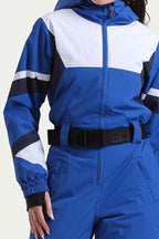 Women's Blue Insulated Color-Block Multi-Pocket Utility One-Piece Ski Suit Snowboard Suit