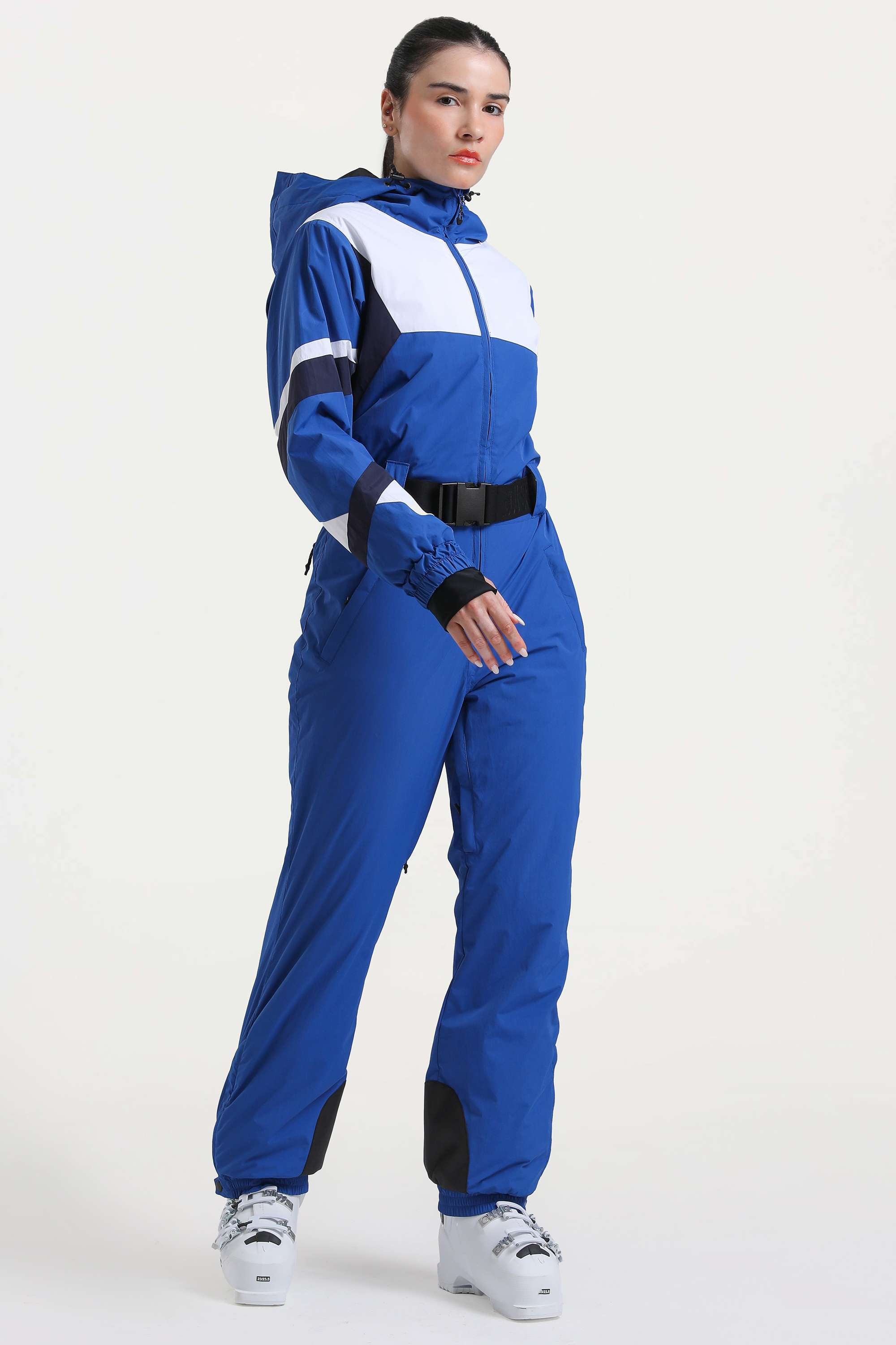 Women's Blue Insulated Color-Block Multi-Pocket Utility One-Piece Ski Suit Snowboard Suit