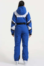 Women's Blue Insulated Color-Block Multi-Pocket Utility One-Piece Ski Suit Snowboard Suit