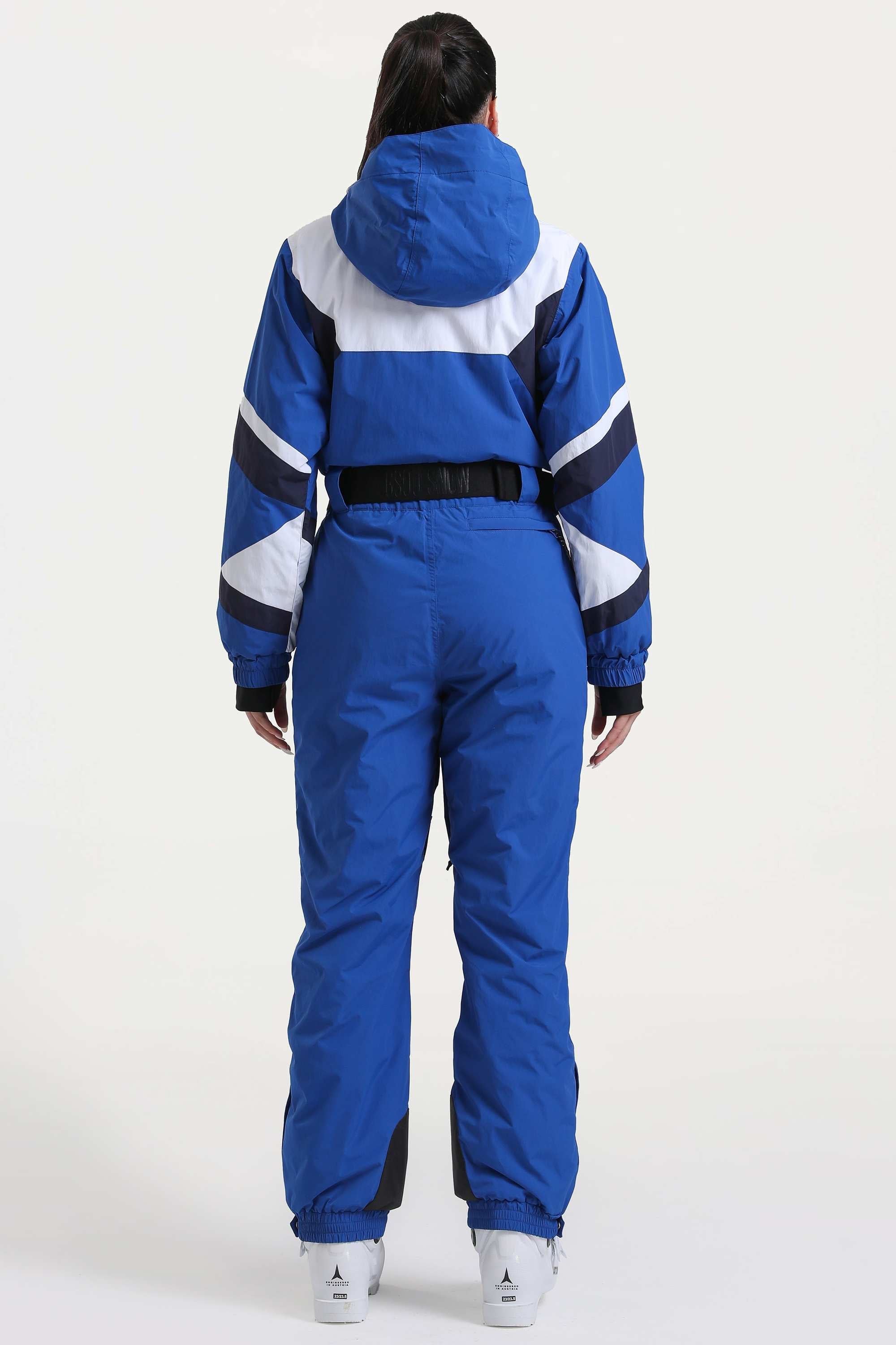 Women's Blue Insulated Color-Block Multi-Pocket Utility One-Piece Ski Suit Snowboard Suit