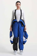 Women's Blue Insulated Color-Block Multi-Pocket Utility One-Piece Ski Suit Snowboard Suit