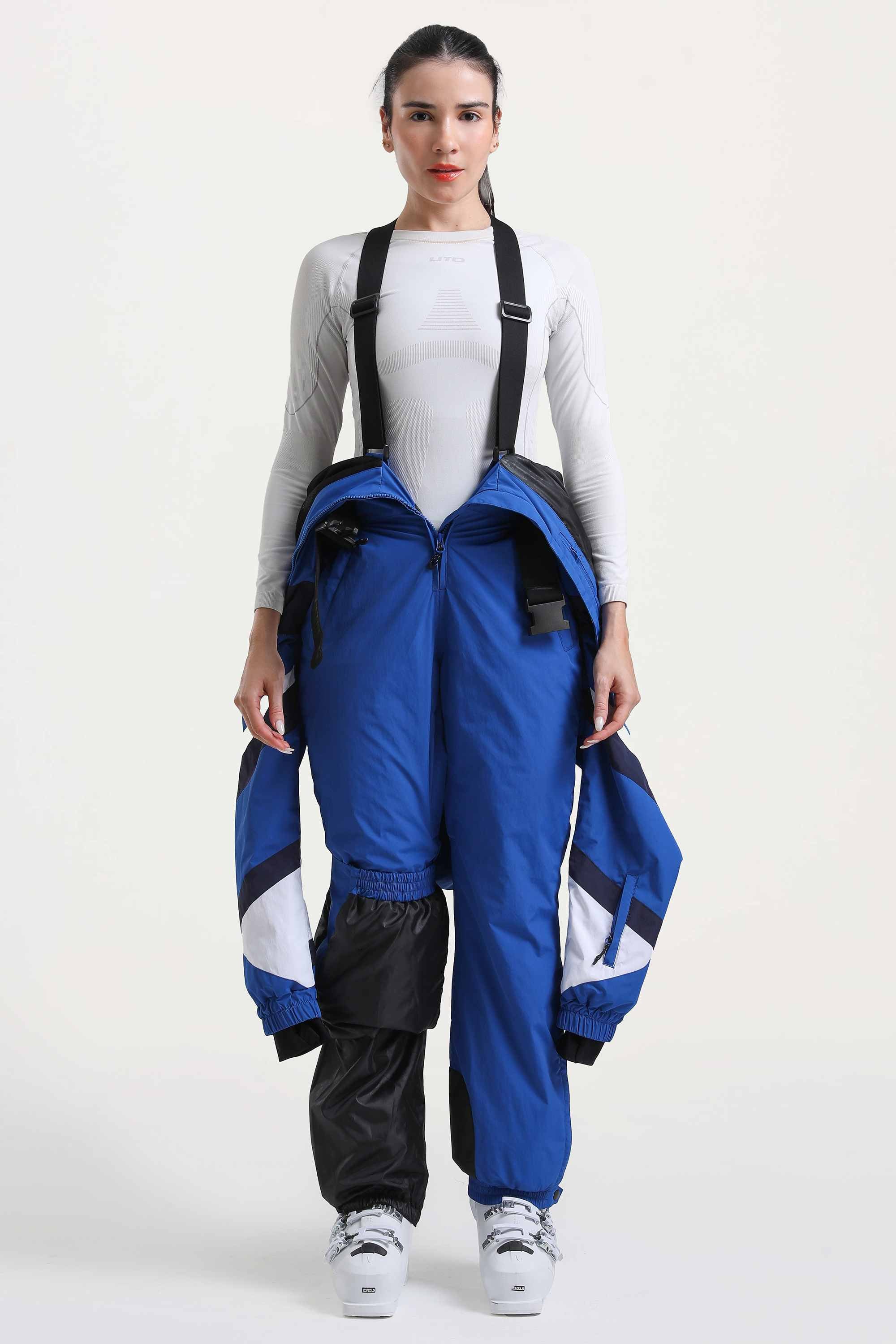 Women's Blue Insulated Color-Block Multi-Pocket Utility One-Piece Ski Suit Snowboard Suit
