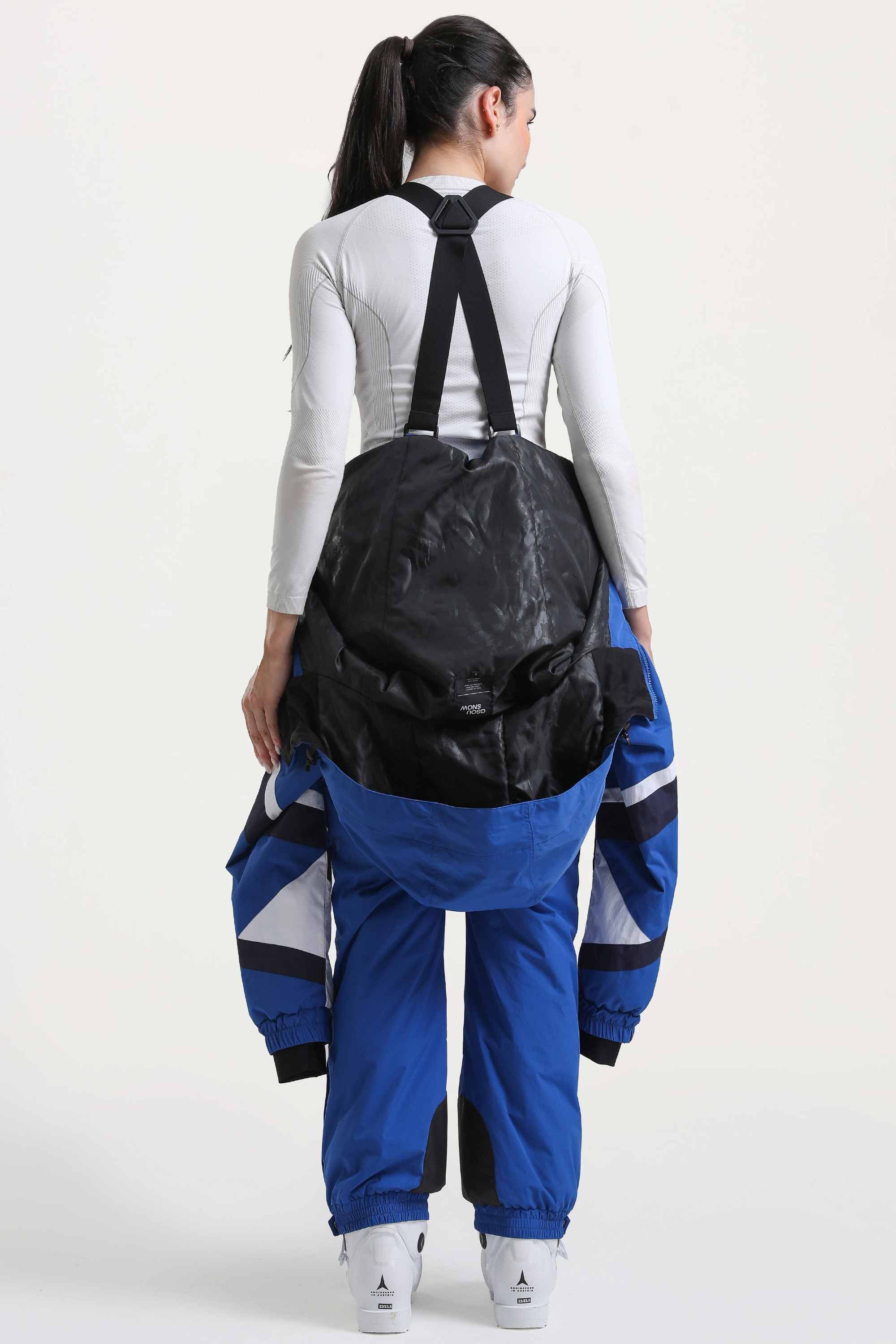 Women's Blue Insulated Color-Block Multi-Pocket Utility One-Piece Ski Suit Snowboard Suit