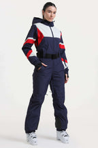 Women's Navy Insulated Color-Block Multi-Pocket Utility One-Piece Ski Suit Snowboard Suit