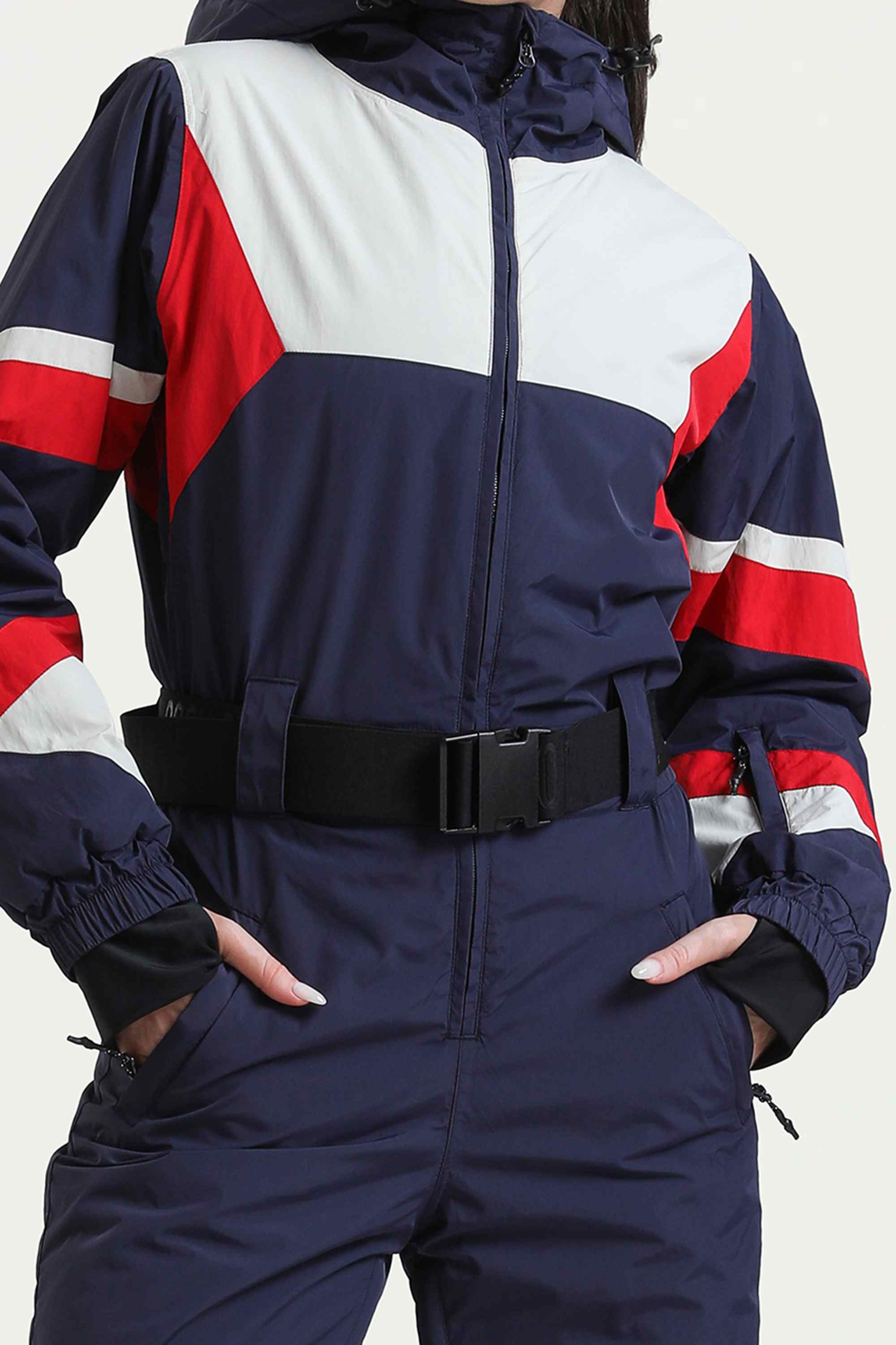 Women's Navy Insulated Color-Block Multi-Pocket Utility One-Piece Ski Suit Snowboard Suit