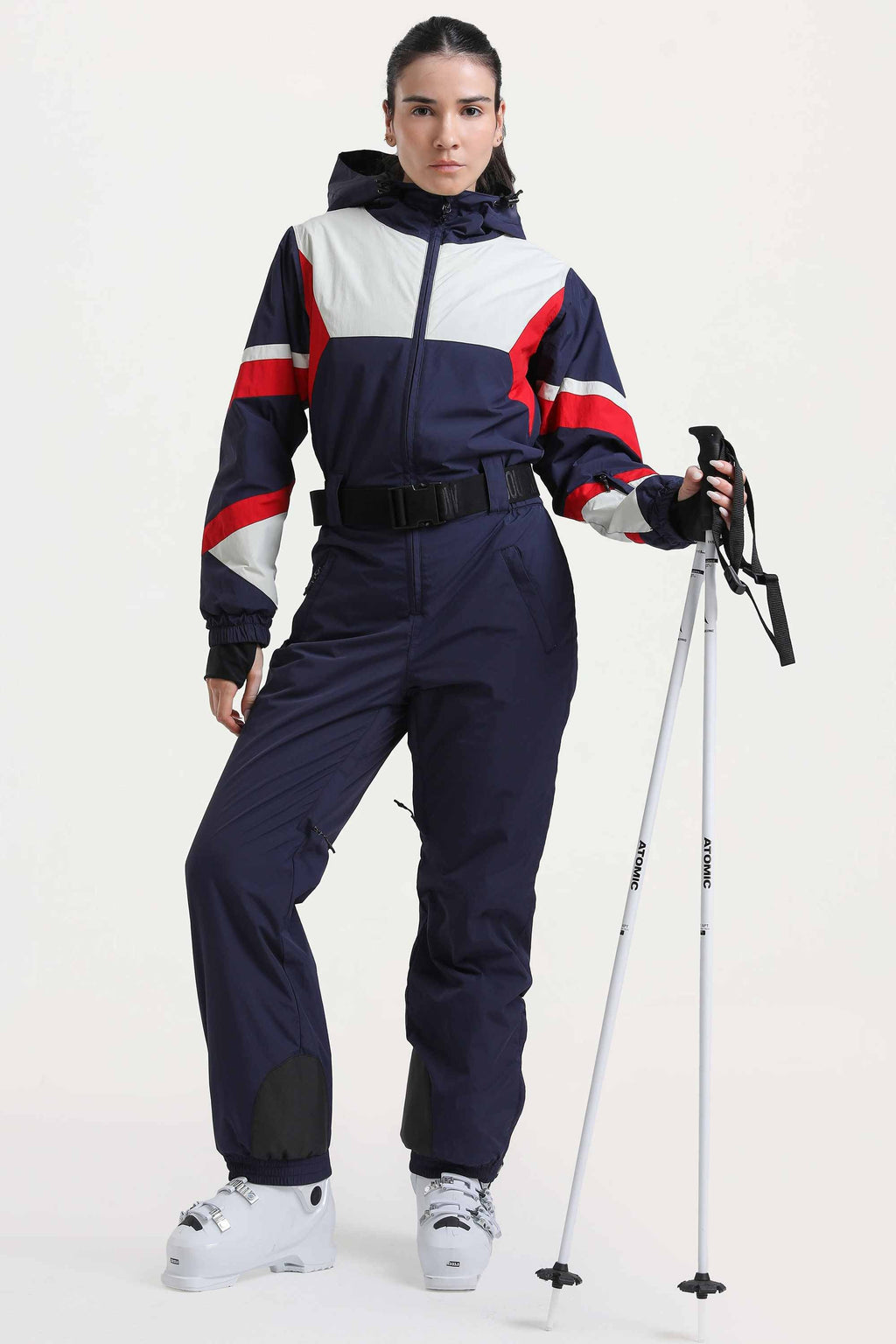 Women's Navy Insulated Color-Block Multi-Pocket Utility One-Piece Ski Suit Snowboard Suit